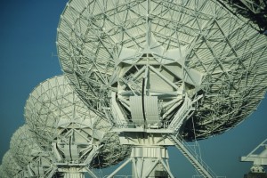 Deep space watch from satellite dishes, low angle view